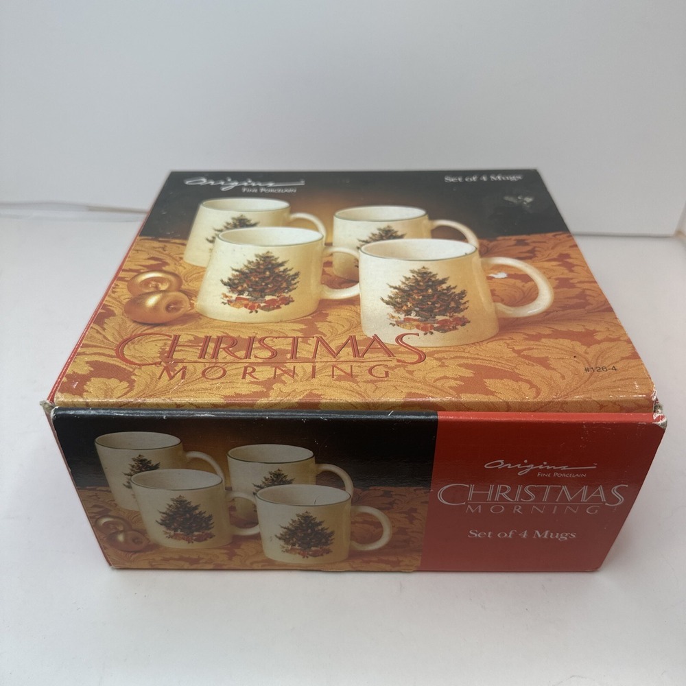 Vintage Origins Fine Porcelain Christmas Morning Set of 4 Mugs Holiday Tree Cups